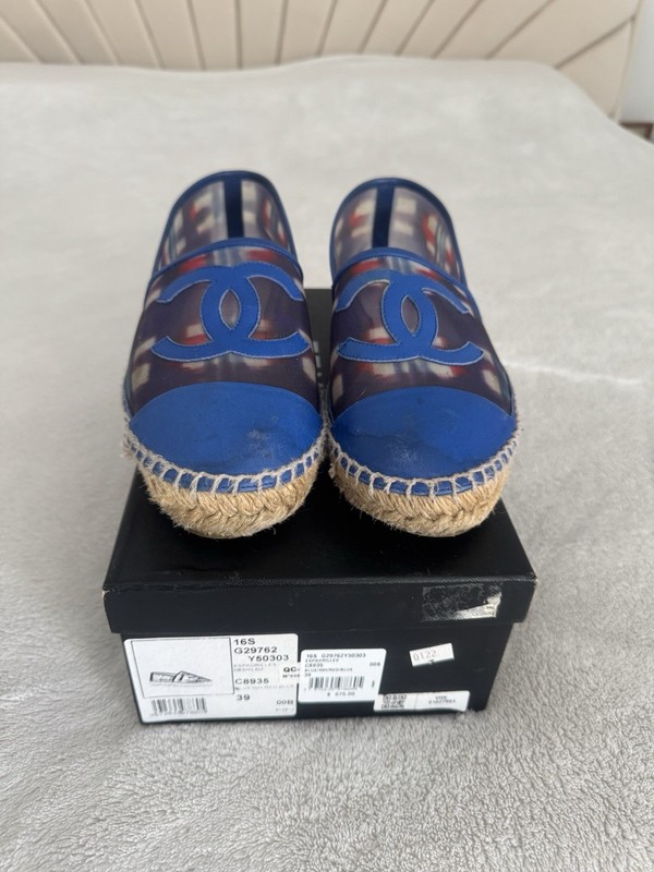 Auth CHANEL Espadrilles G29762 Blue Red White Chemical Fiber Leather Shoes 39