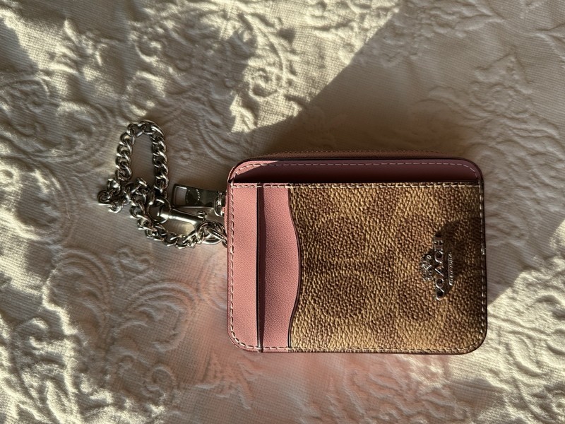 Coach CW883 Leather Zip ID Holder Coin Case, Pink/Gold, Chain Strap, ID Window