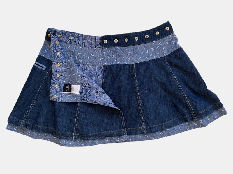 Moshiki Reversible Denim Print Cotton Skirt Adjustable Waist One Size gallery
