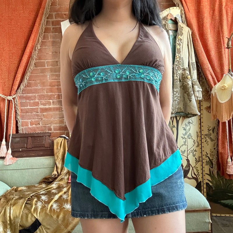 VTG Y2K DKNY Jeans Teal Blue and Chocolate Brown Beaded Halter Top