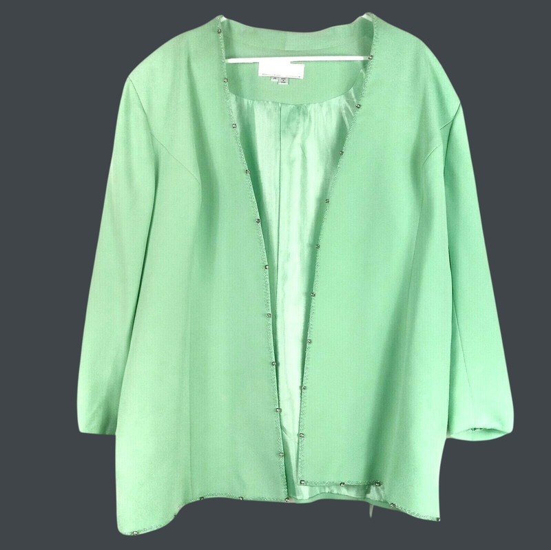 Donna Vinci Beaded Rhinestone Open Front Jacket Womens 20 Green Vintage Evening