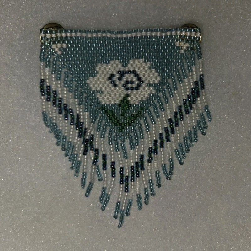 Beaded Fringe Flower Shawl Pin Floral Blue White Green Black Metal