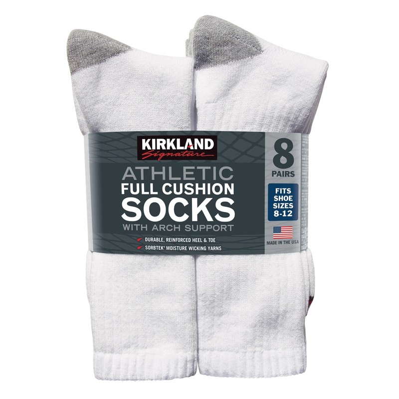Kirkland Signature Men’s Athletic Sock, 8-pair Arch Support Made in USA