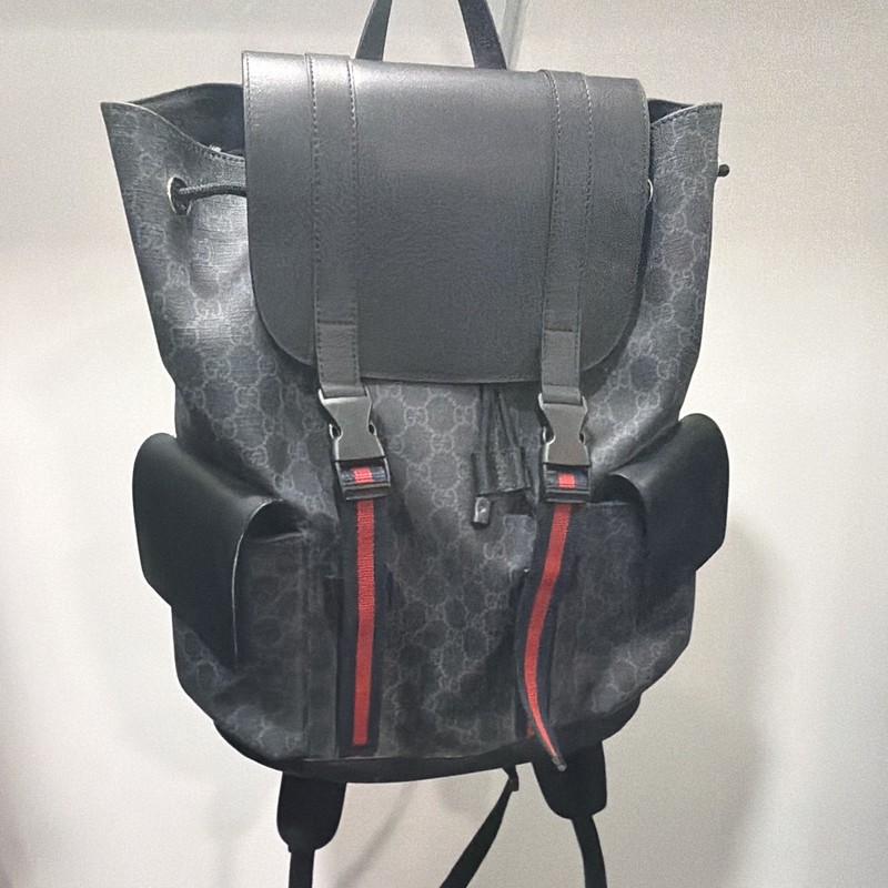Gucci GG Pattern Backpack Black Gray Red Drawstring Buckle Outer Pockets Men gallery