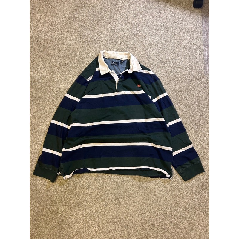 Chaps Mens XXL Rugby Shirt Long Sleeve Striped Green Navy Blue White Vintage