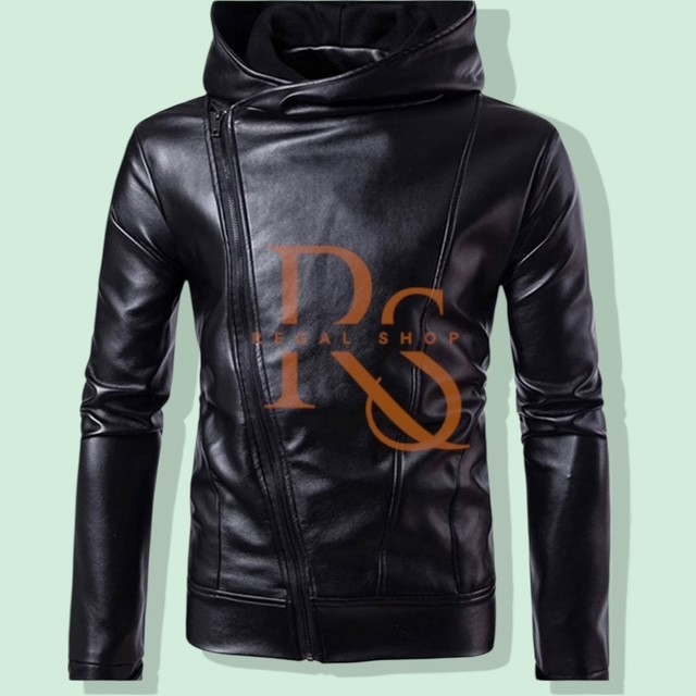 Men’s Side Zipper Style Black Leather Hoodie In Genuine Lambskin Leather Hoodie