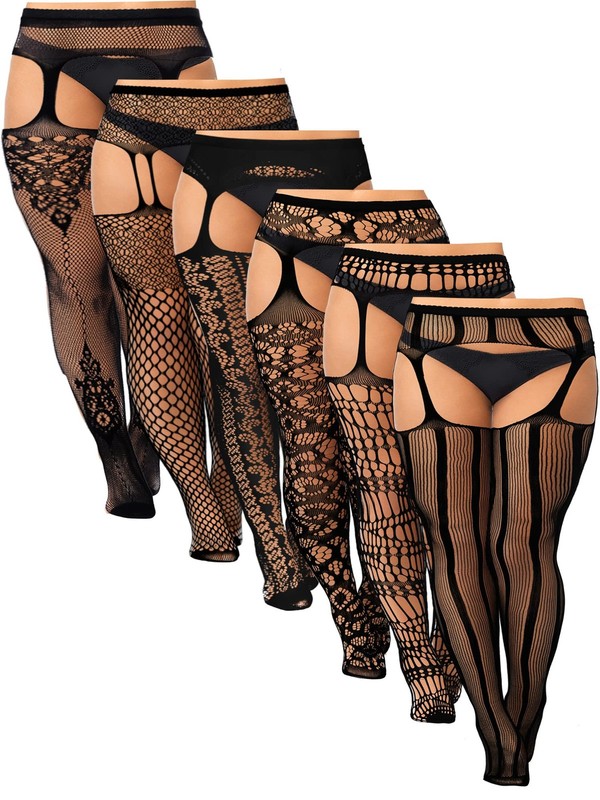 Skylety 6 Pairs Women Fishnet Suspender Pantyhose XX-Large-3X-Large, Black