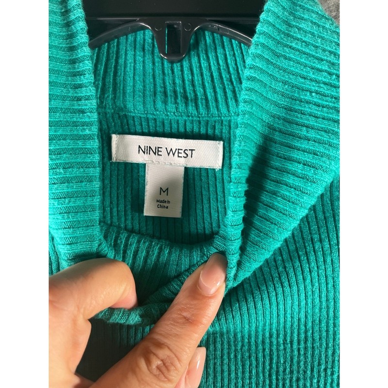 Nine West Emerald Green Ribbed Mock Neck Puff Sweater Metallic Cuff Size M gallery