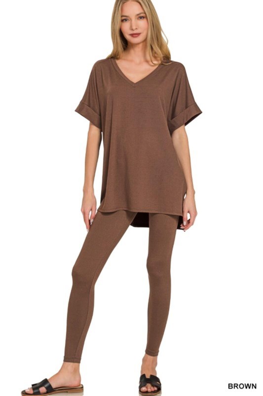 Zenana Brown V-Neck Tunic Top with Matching Leggings Set