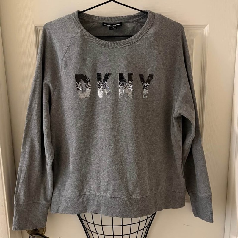 DKNY Women’s Grey Ombre Sequin Crewneck Pullover Sweatshirt Sz L NWOT Easy Care