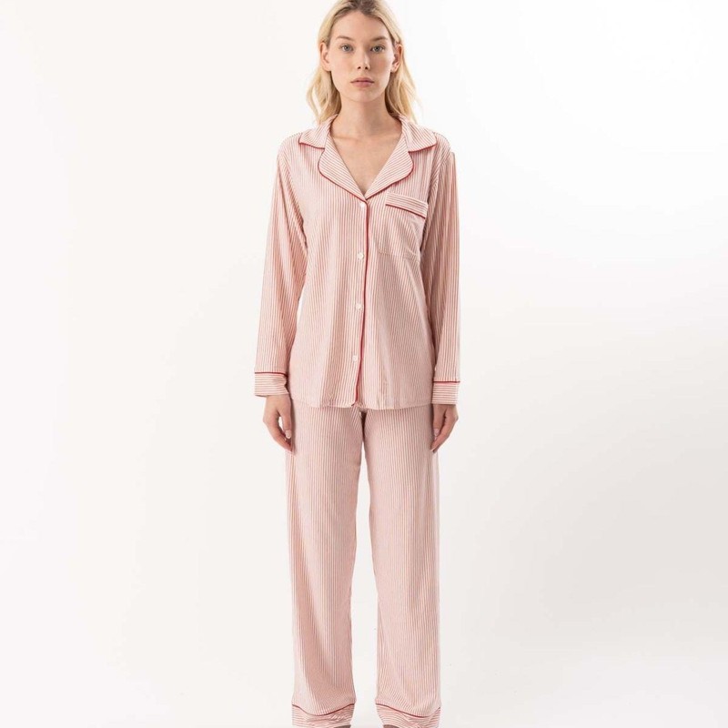 Eberjey Gisele Printed TENCEL™ Modal Long PJ Set Duo Stripe Holly Red
