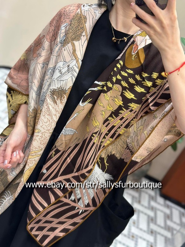 Sally Cashmere & Silk Wrap Scarf Animals Print Double Face Shawl Hand Rolled 53" gallery