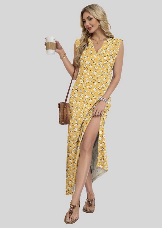 Women’s Yellow/White Floral V-Neck Sleeveless Maxi Dress w/ Pockets Slit gallery