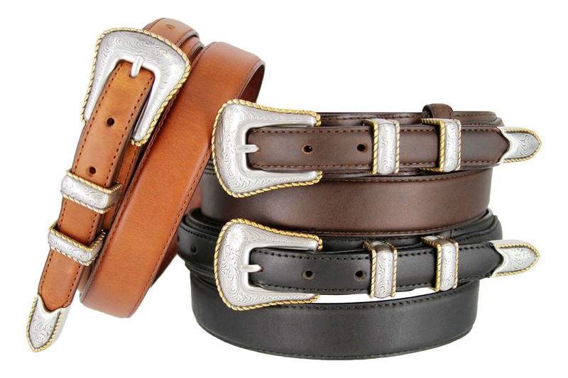 Gold Rope Edge Engraved Buckle Belt Oil Tanned Genuine Leather Ranger Belt