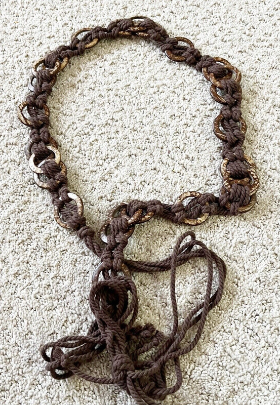 Womens Brown Hippie Rope Braided Belt M L Macrame Fringe Beads Boho Festival 70s