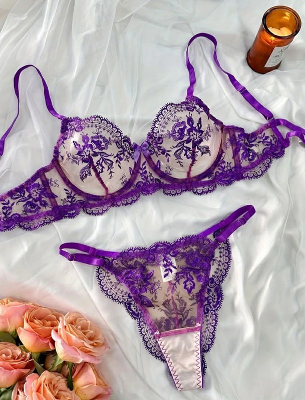 Victoria Floral Embroidered Mesh Bra Thong Lingerie Set – Purple – XL