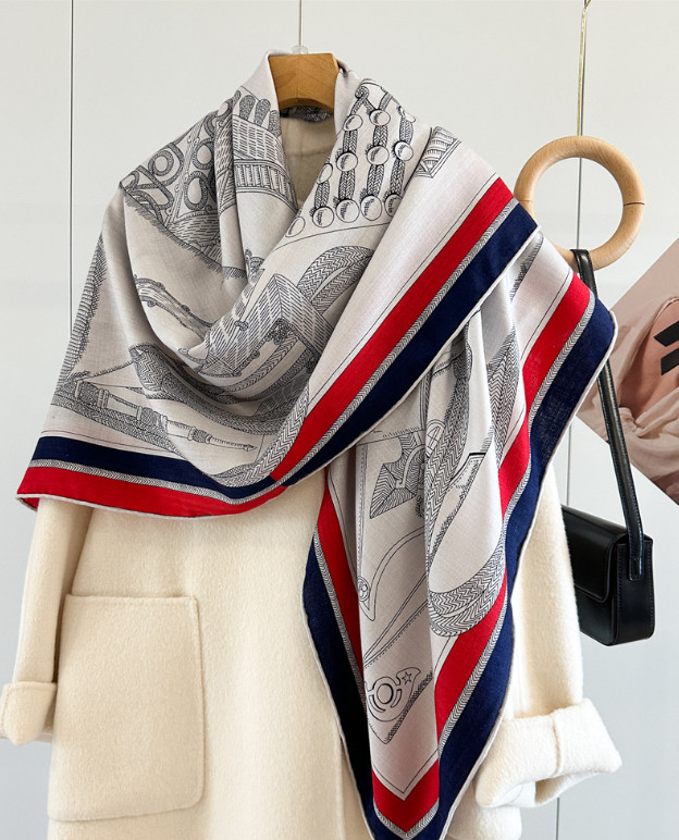 70% Cashmere 30% Silk Wrap Scarf Double Face Print Shawl 53” Gray horse Print