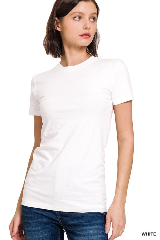 SHORT SLEEVE CREW NECK Basic Women T-Shirt Cotton Long Top Fitted Plain Stretch gallery