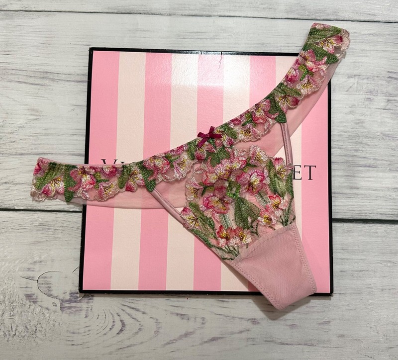Victoria’s Secret Chalk Rose Embroidery Wicked Unlined Balconette Bra Thong Set gallery