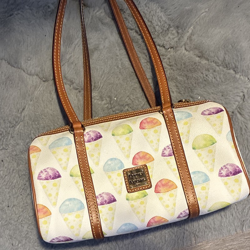 Dooney & Bourke Ice Cream Print Small Shoulder Bag Zip Brown Strap Red Lining