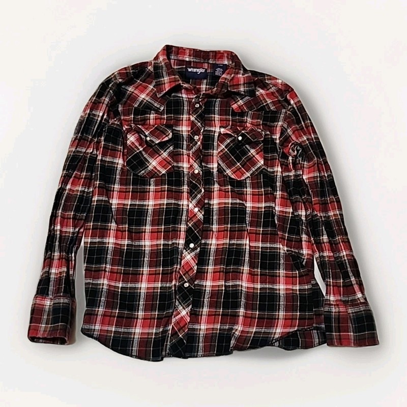 Wrangler Shirt Men’s Large Western Red Black Plaid Pearl Snap Long Sleeve