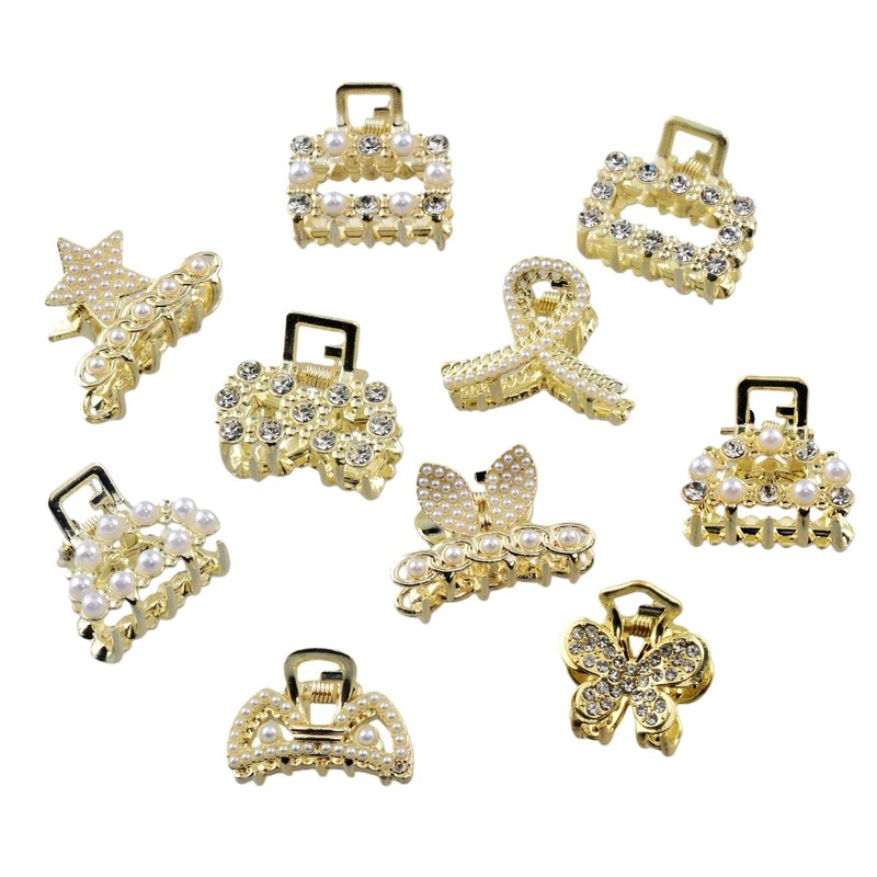 Small Gold Hair Clips Mini Golden Rhinestone 1 Count (Pack of 10), mix