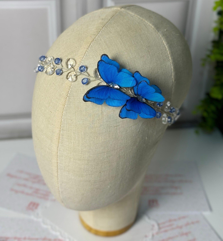 Blue Silver Clear Butterfly Rhinestone Metal Headband Hair Accessory Women