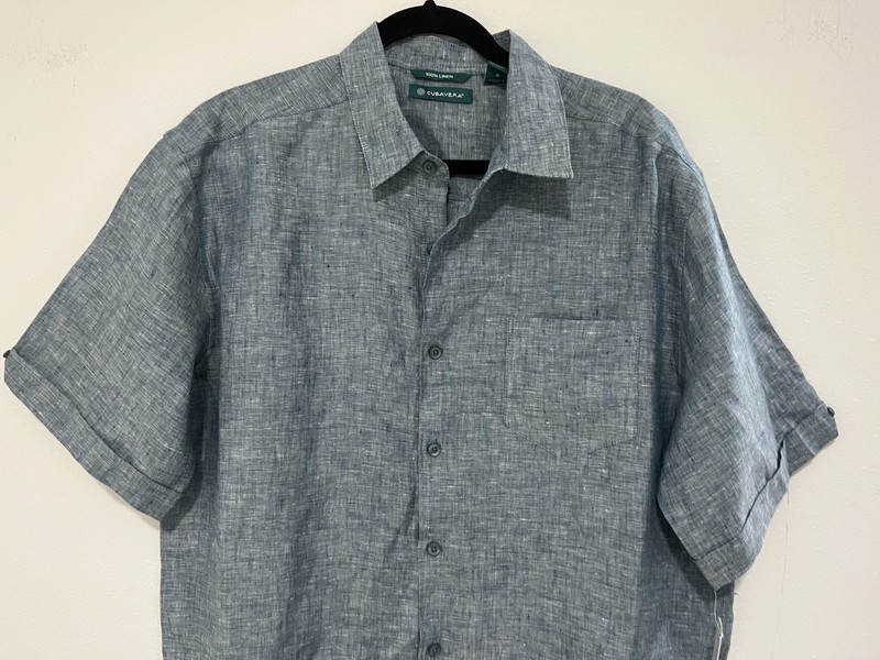 NWT CUBAVERA LEGION BLUE DENIM LINEN SHORT SLEEVE BUTTON DOWN SHIRT L gallery