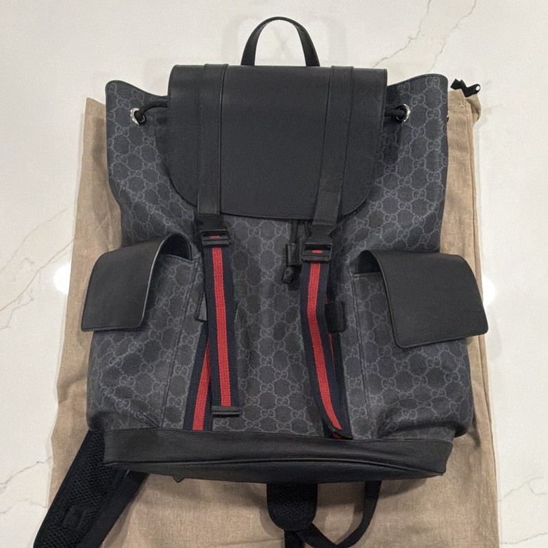 Gucci GG Pattern Backpack Black Gray Red Drawstring Buckle Outer Pockets Men