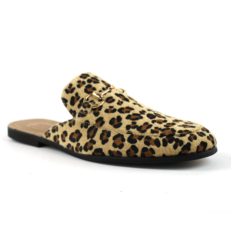 Mens Tan Leopard Backless Slip On Mule Animal Print Gold Buckle Loafers AZAR MAN