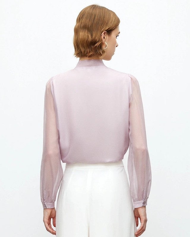 Tie Neck Silk Blouse with Sheer Sleeves gallery