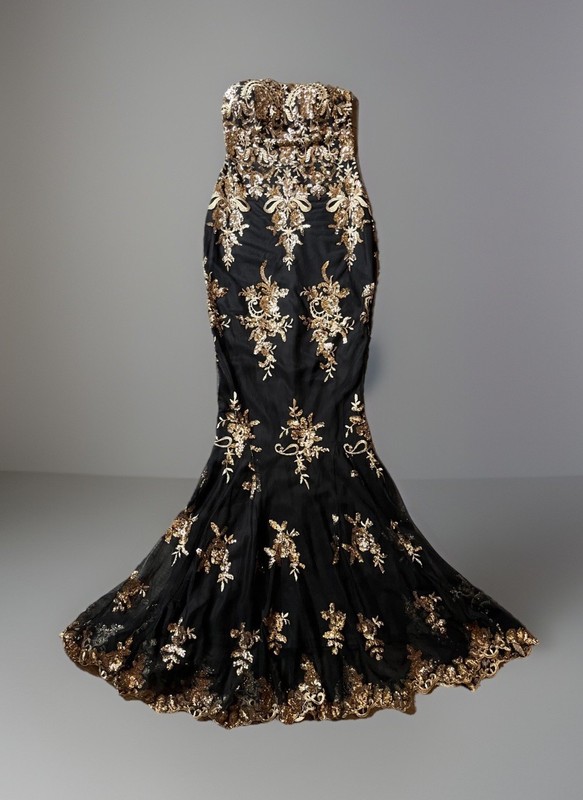 Maxi dress gown black gold mermaid trumpet lace mesh embroidered prom uk 6 xs