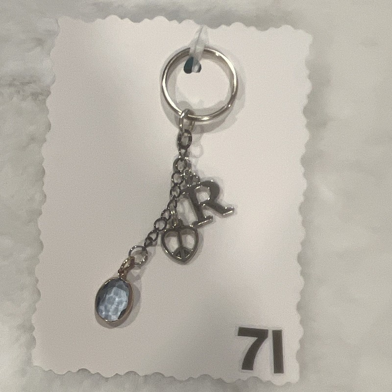 Silver Tone Heart Charm Keyring Key Chain Dangle With Blue Crystal Bead