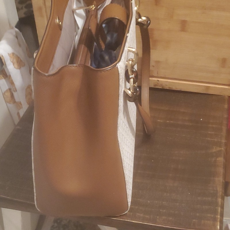 Michael Kors Signature Logo Tote Bag Large Zip Lined Inner Pockets Brown Beige gallery