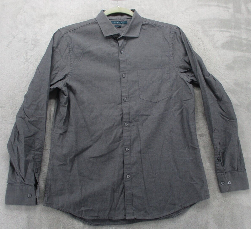Perry Ellis Button Up Shirt Men’s L Slim Fit Gray w/ Gray Mirco Polka Dot Cotton