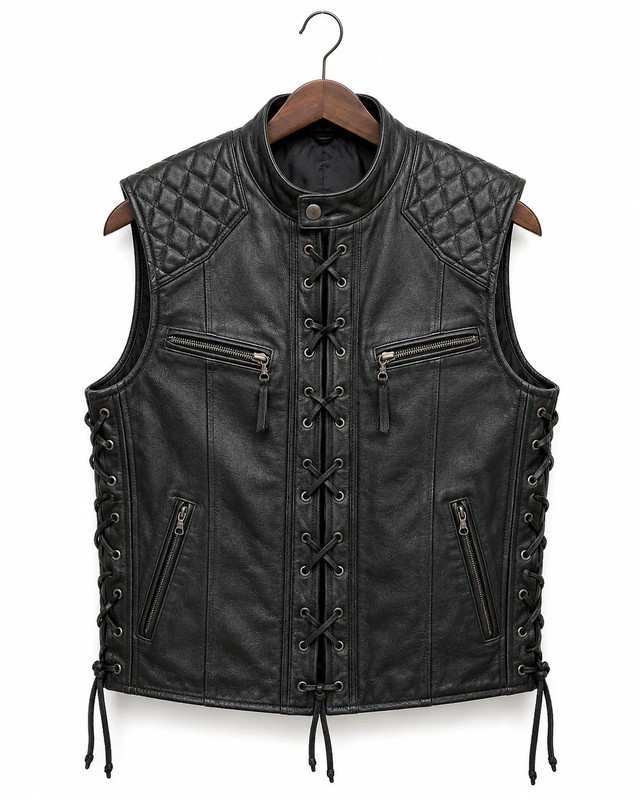 Men’s Black Leather Biker Vest Lace Up Motorcycle Waistcoat Quilted Shoulder