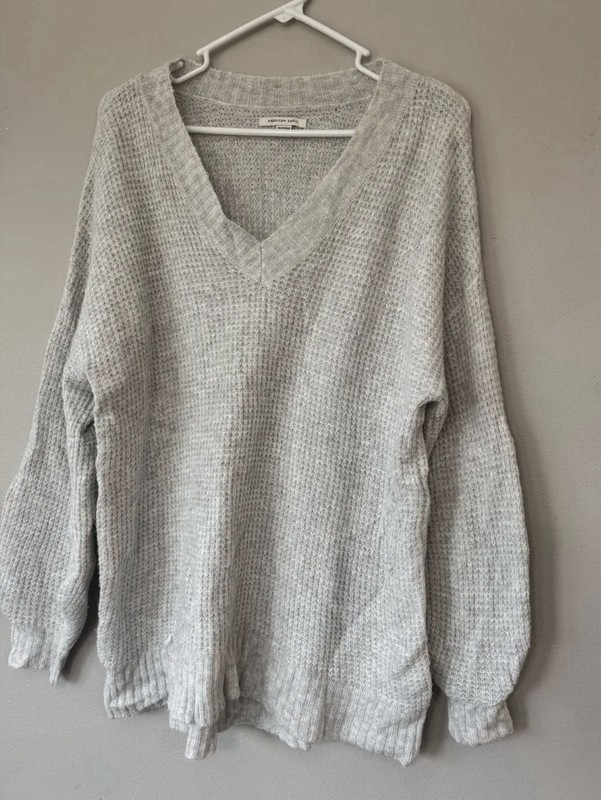 American Eagle Women’s Gray Waffle-Knit V-Neck Pullover Sweater XS