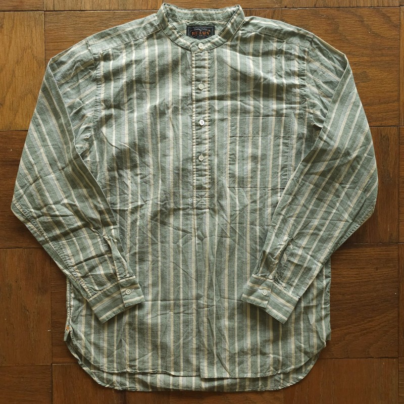 NWOT BEAMS Plus Made in Japan Cotton Flax Band Collar Popover Shirt Olive Small