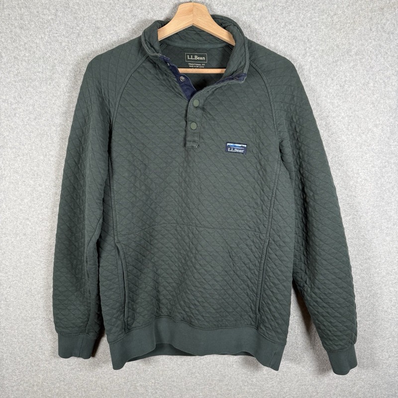 Ll Bean Pullover Men’s Small Green Quilted Snap Cotton