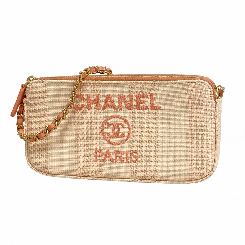 Auth [6ec1828-k] CHANEL Shoulder Bag Deauville ChainShoulder Canvas Pink Ivo…