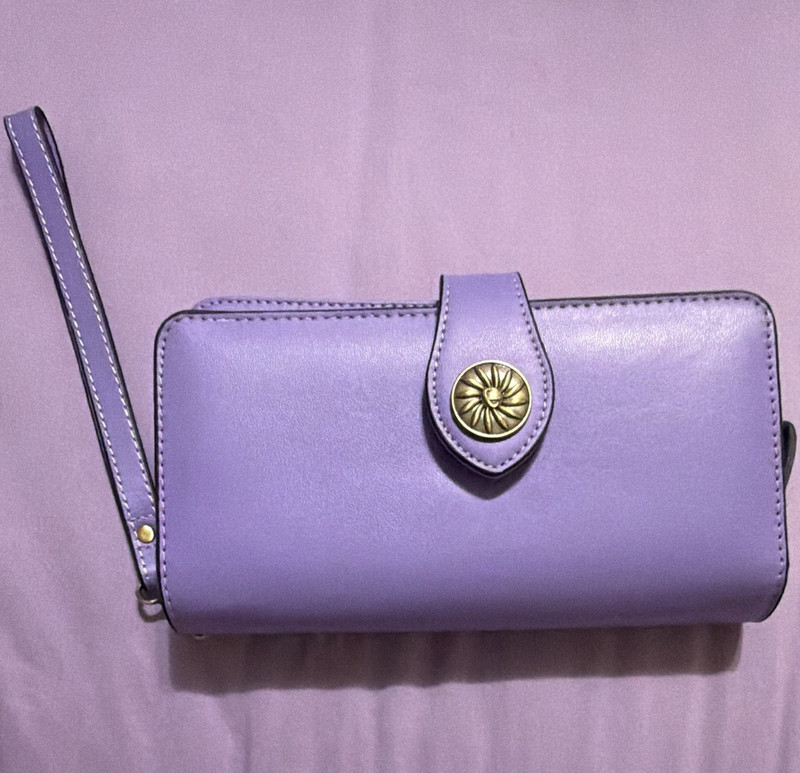 Purple Women’s Wristlet Wallet, Zip-Around, Card Slots, ID Window, Strap