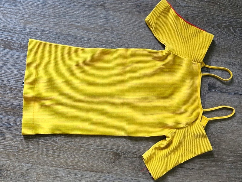 Yellow Ribbed Knit Cold Shoulder Square Neck Spaghetti Strap Top One Size gallery