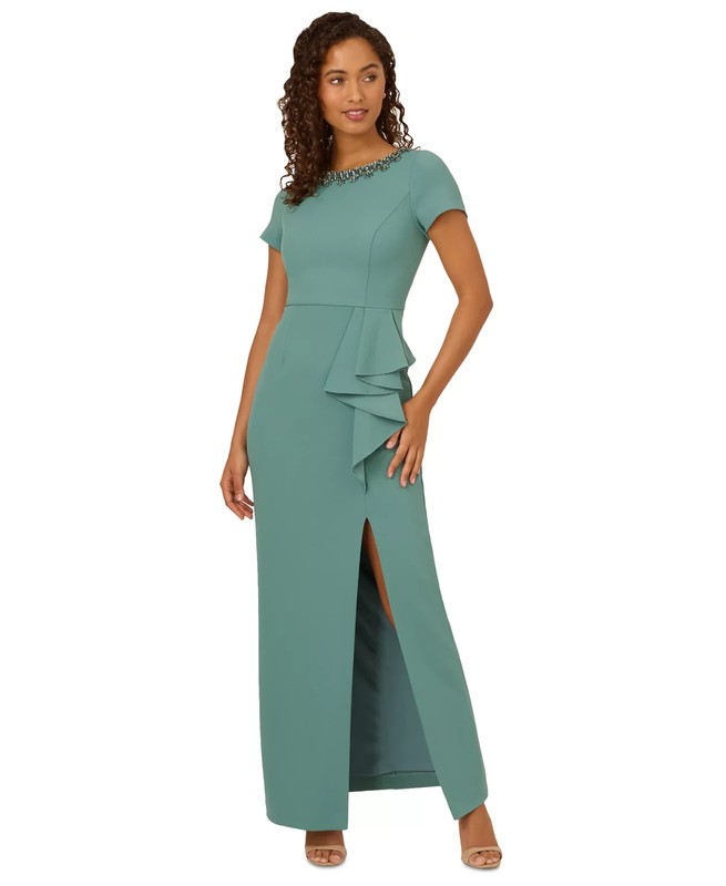 Adrianna Papell Embellished-Neckline Column Sheath Gown Women’s 6 Green Slate