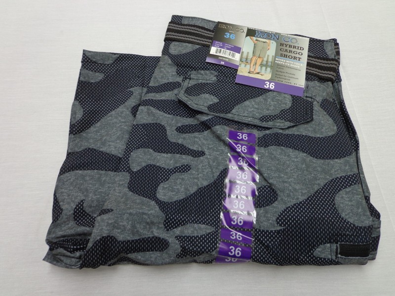 Iron Co Belted Stretch Performance Hybrid Cargo Shorts Gray Camo Size 36