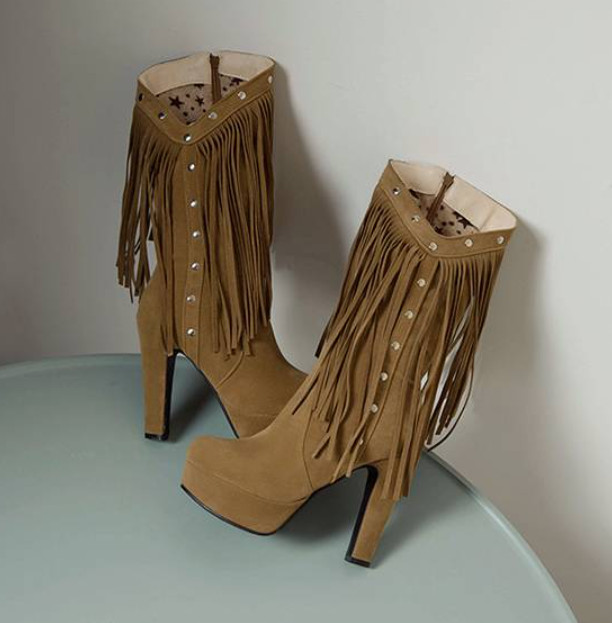 Tassels Women’s Suede Rivet Mid Calf Boots High Heels Round Toe Platform Pumps
