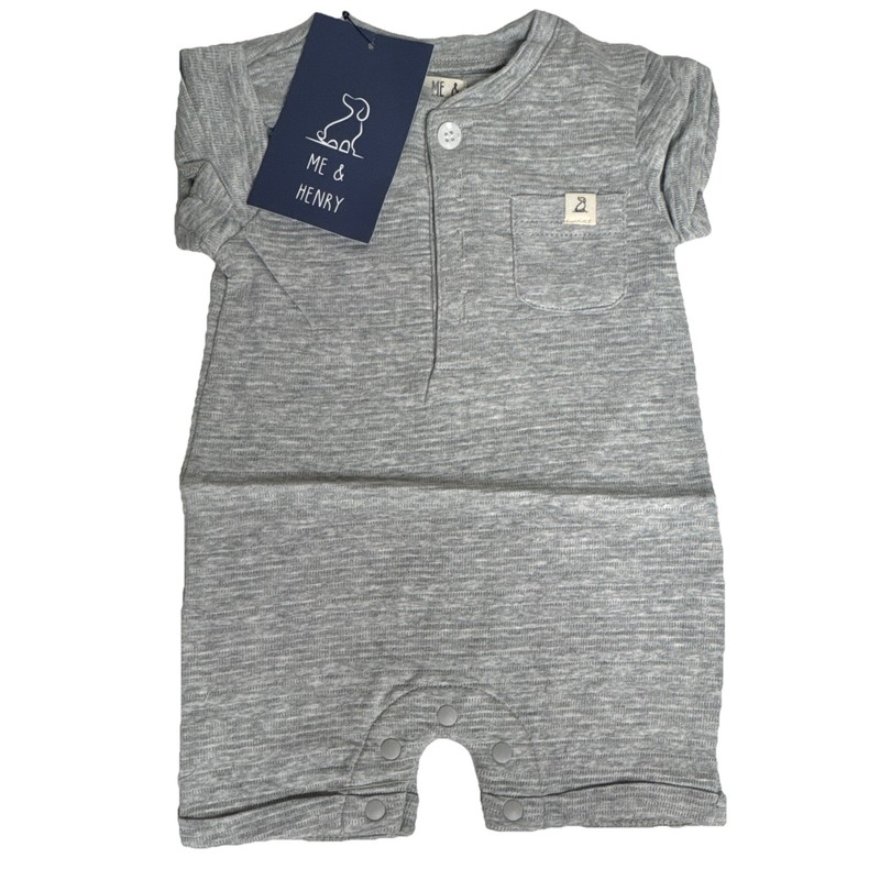Me & Henry Gray Solid Knit Cotton Romper One-Piece, Short Sleeve 9-12 Months