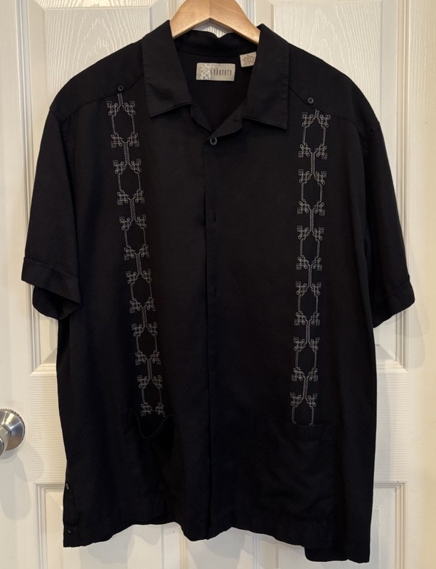 Cubavera Mens XL Black Short Sleeve Button-Up Embroidered Pockets Relaxed Fit