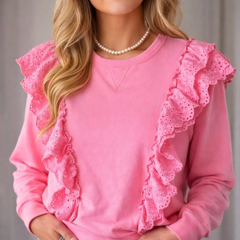 Lilly Pulitzer Deva Ruffle Sweatshirt in Pink Shandy XL Eyelet Ruffle Pullover