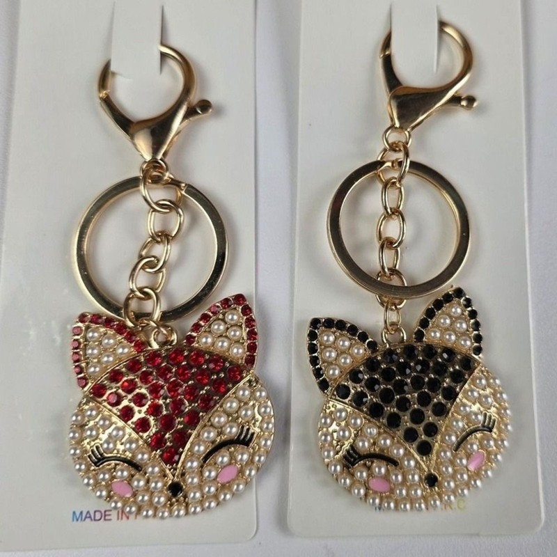 Pastel Collection Fox Bag Charm Key Chain Gold Faux Pearl Red Black Rhinestone