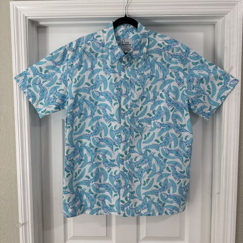 Lilly Pulitzer Cotton Button Up Shirt Mens Medium Blue Fish Print Short Sleeve